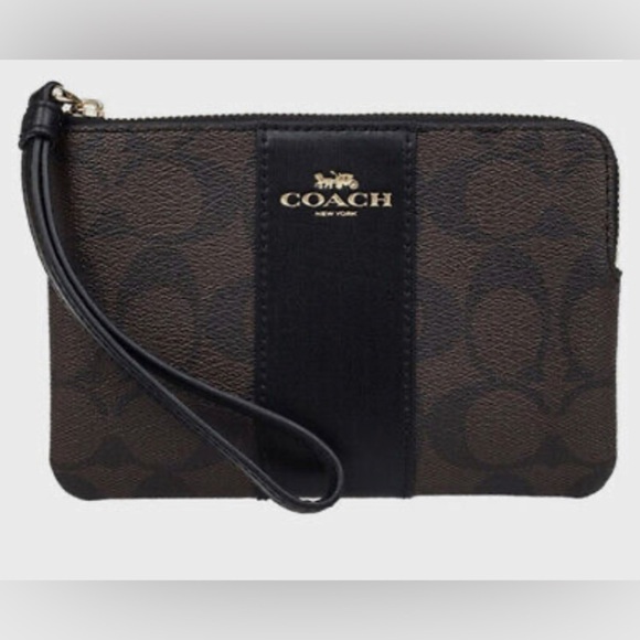 Coach - NEW -  Signature PVC Leather Corner Zip Wristlet, Brown/Black
